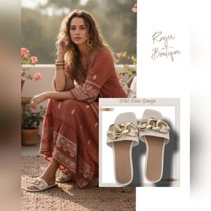 🌿Wild Diva Lounge Women's 6.5 Gold Tone Chain Adorned White Sandals